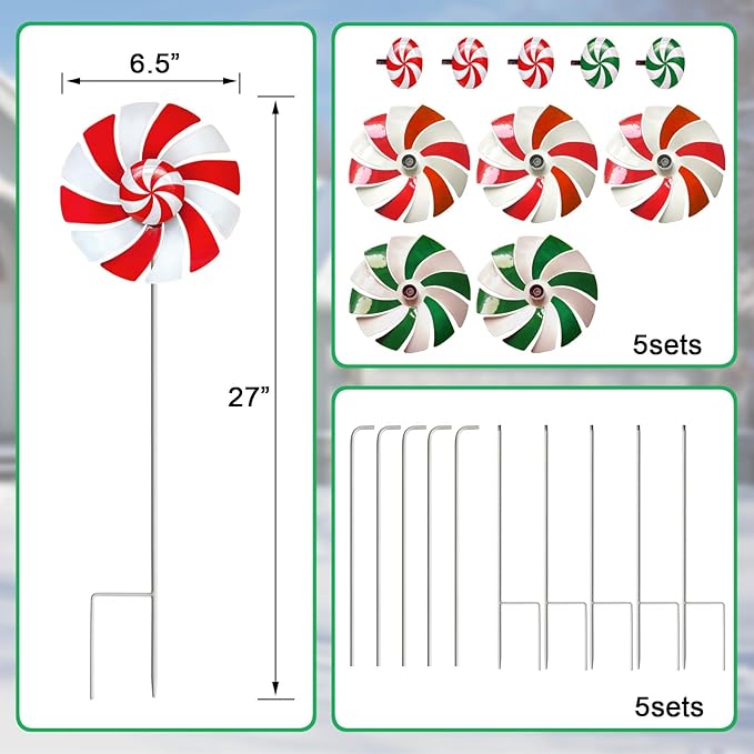 5 Pack Metal Colorful Candy Wind Spinners Outdoor,Lollipop Christmas Decorations Outside,Yard Stake for Garden,Lawn Ornament