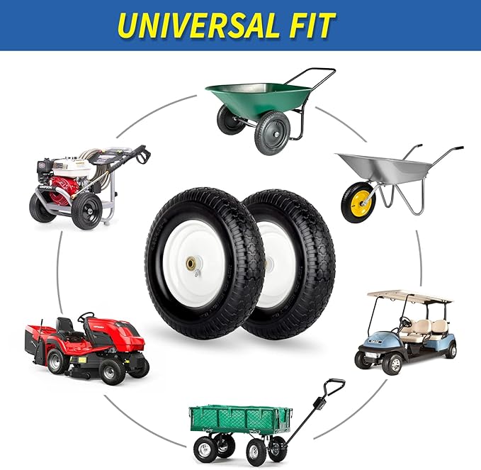 4.80/4.00-8" Wheelbarrow Tire, 16" Flat-Free Solid Tire and Wheel, 3" Centered Hub, 5/8" Axle Bore Hole,for Garden Wagon Cart Trolley Dolly Replacement(2 Pack)