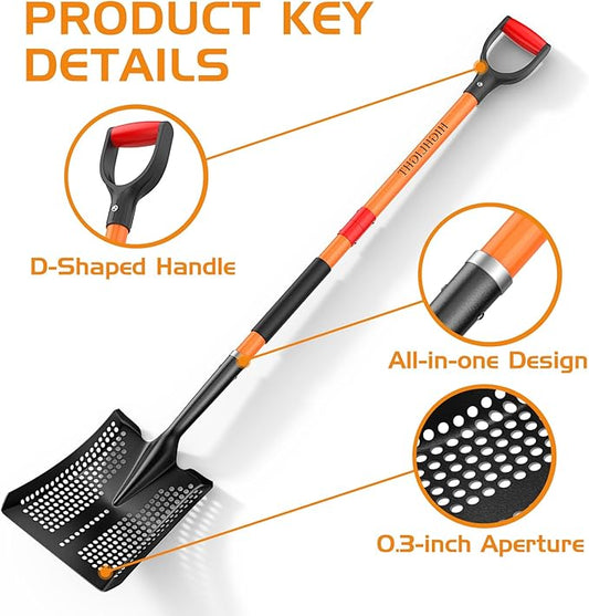HIGHLIGHT Sifting Shovel, Heavy Duty Metal Sand Sifter for Beach, 45" Long Sifter Shovel for Beach Fun, Chicken Coop, Farm Goat Stall Sand Poop Cleaning, with Ergonomic D-Grip Handle