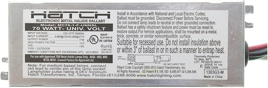 Hatch MC70-1-F-UNNU - 70 Watt - 120/277 Volt - Electronic Metal Halide Ballast - ANSI M98/M139/M143 - Side Leads With Mounting Feet