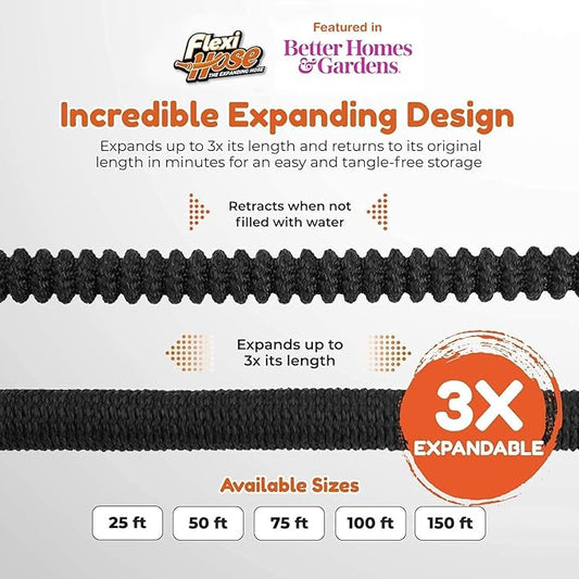 Flexi Hose with 8 Function Nozzle, 75FT - Lightweight Expandable Garden Hose, No-Kink Flexibility, 3/4 Inch Solid Brass Fittings and Double Latex Core
