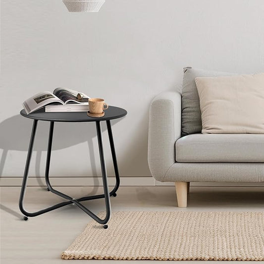 Patio Side Table Waterproof Round Metal Steel Weather Resistant Portable Outdoor and Indoor End Table for Garden Balcony Yard, Black