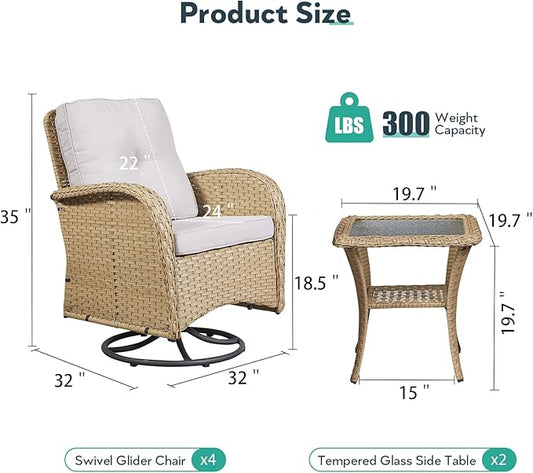 Outdoor Swivel Glider Rocker Chairs Set of 4 - Wicker Patio Furniture Set All Weather Patio Conversatio Sets with 2 Tempered Glass Side Table for Deck Backyard - Yellow Wicker Beige Cushion