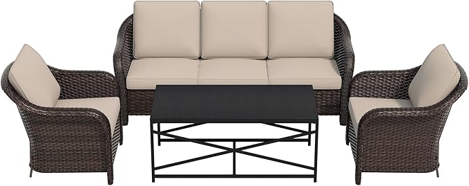 Vista Vibe 4 Pieces Outdoor Patio Conversation Furniture Set - 78" 3-Seat Couch | 2 Chairs | Metal Coffee Table, Rattan Wicker Loveseat Sofa with Washable Cushions, Garden, Deck, Terrace (Beige)