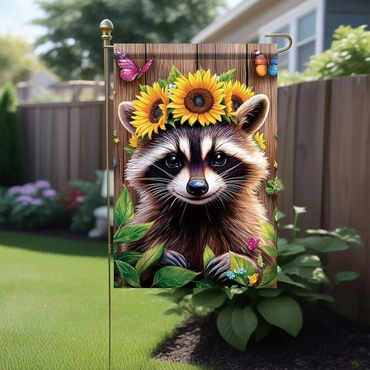 Summer Spring Garden Flag 12x18 Inch Double Sided Cute Raccoon Sunflower Crown Summer Yard Decoration Outdoor Rustic Banner for Porch Lawn Butterfly Floral Farmhouse Seasonal Decor