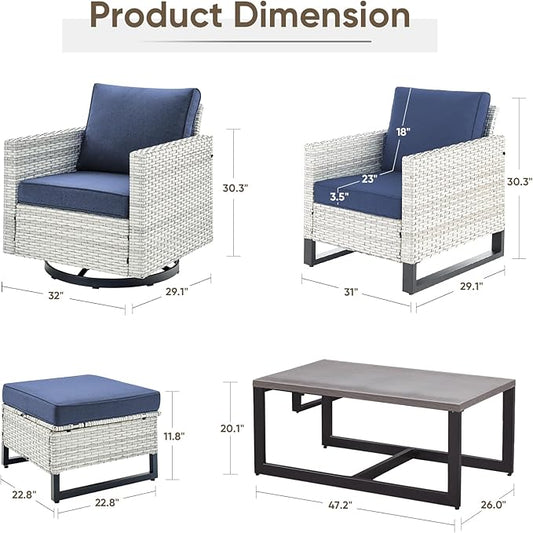 Wicker Patio Furniture Set:7 Piece Outdoor Patio Furniture Set with 2 Swivel Patio Chairs 2 Single Chairs a Coffee Table and 2 Ottomans, Light Grey Wicker/Blue Cushion