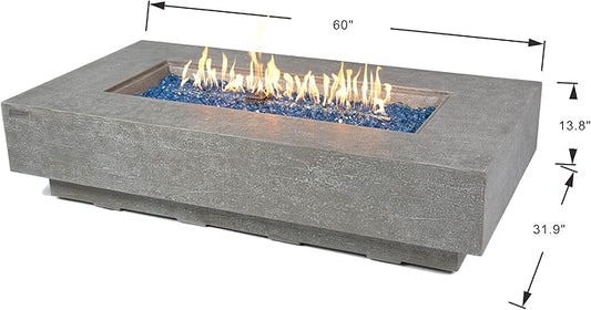 Elementi+ | Riviera Gas Fire Pit Cast Concrete 60" Rectangular Fire Table, Outdoor Fire Pit Electronic Ignition | Canvas Cover, Fire Glass and Burner Lid Included | Light Gray | Natural Gas