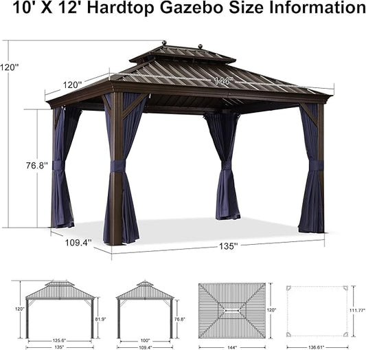 PURPLE LEAF 10' X 12' Hardtop Gazebo with 5 Pieces Wide Aluminum Frame Galvanized Steel Double Roof with Heavy Duty Netting and Curtains for Permanent Hard Top Pavilion Screen Navy Blue