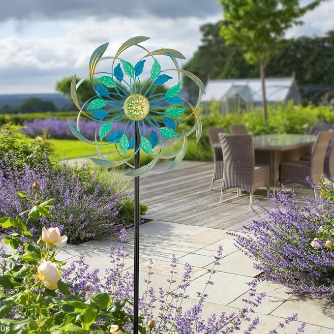 Metal Wind Spinners Outdoor,13'' Dia Green Double Wind Spinner & Sculpture,Waterproof Garden Windmill for Yard Art Decorations