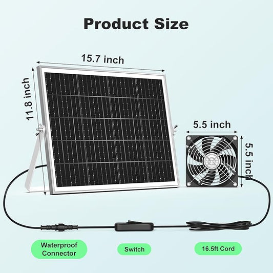 New 5.5" Solar Fan 3 Kit, 35W Solar Powered Exhaust and Intake Greenhouse Fan Outdoor Waterproof, 16.5ft Cord, Strong Airflow, for Chicken Coop Shed Pet House Air Circulation and Ventilation