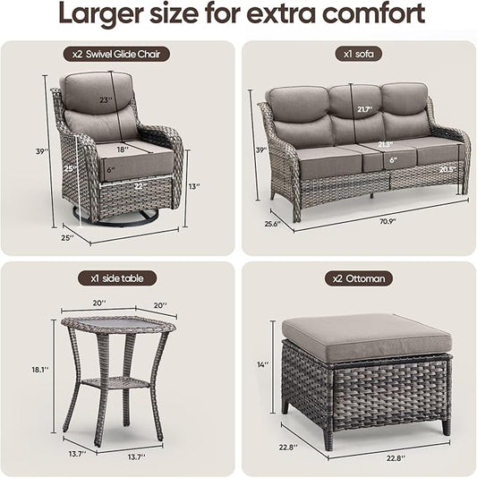 Swivel Patio Chairs sofa Set of 6 - 6" Thick Cushion - Wicker Outdoor Swivel Rocker Patio Chair ,Sofa/Glass coffee table, High Back Comfortable Outdoor Glider Chairs - Grey Wicker | Grey Cushions