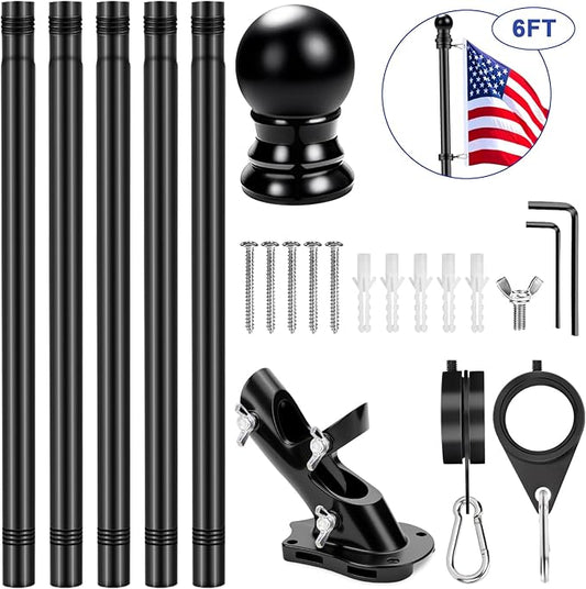 REERON Flag Pole Kit for House, 6 FT Stainless Steel Spinning Flag Pole, 1" Rustproof Porch Flagpole with 360° Metal Anti-wrap Flagpole Rings & 2-Position Bracket for Outdoor Home Sport for 3x5 Flags