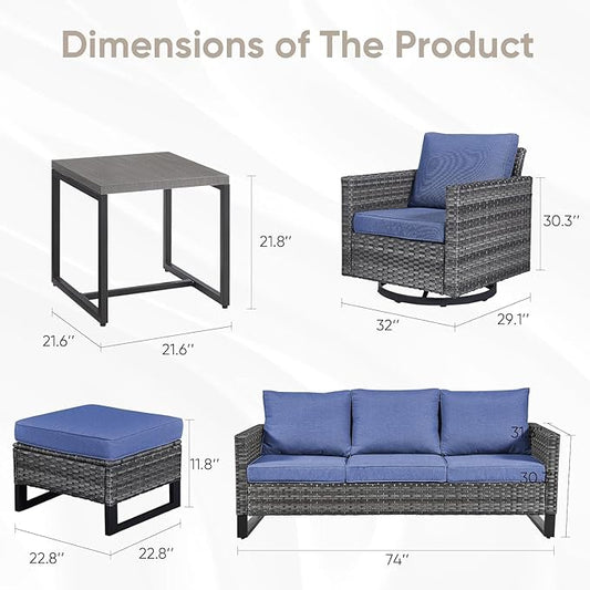 Wicker Patio Furniture Set, 6 PCS Outdoor Patio Furniture Set with Swivel Chairs, Includes 2 Swivel Patio Chairs, 1 Outdoor Couch, 1Side Table and 2 Ottoman, Grey/Blue