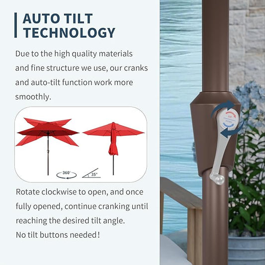 PatioKingdom Auto-Tilt 9FT Patio Umbrella Outdoor with 8 Sturdy Fiberglass Ribs,Market Table Umbrella for Pool,Backyard,Deck and Garden