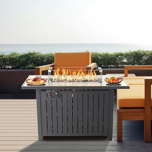 43 Inch Outdoor Propane Fire Pit Table 50,000 BTU, Rectangle Gas Fire Pit with Glass Wind Guard & Tempered Glass Top for Outside Patio & Backyard, Includes Rain Cover & Glass Beads