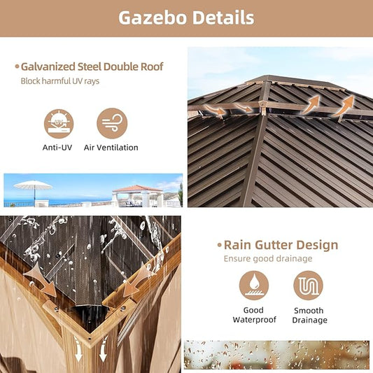 MELLCOM 10'x12' Hardtop Gazebo, Wooden Finish Coated Aluminum Frame Canopy with Galvanized Steel Roof, Outdoor Metal Gazebos with Curtains and Nettings for Patio, Backyard, Deck and Lawns