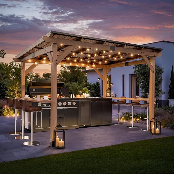 8x10 FT Wood Grill Gazebos, BBQ Wooden Gazebo with Hardtop Sloping Steel Roof, Wood Outdoor Gazebo Pavilion with 2 Side Storage Shelves,Cedar Frame Patio Tent for Barbecue, Garden, Deck