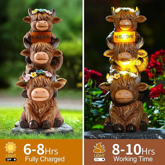 Christmas Highland Cow Statue Solar Outdoor Decor with Flower Decoration Funny Triple Highland Cow Decor Birthday Thanksgiving Gifts for Women Mom Highland Cows Figurine for Yard Garden Lawn Ornaments