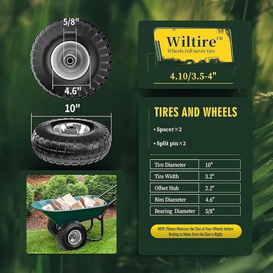 (2 Pack) 4.10/3.50-4 Flat Free Tire and Wheel 10-Inch Solid Wheel Replacement with 5/8 Bearings,2.2" Offset Hub -Compatible with Hand Truck,Wheelbarrow(Gray)