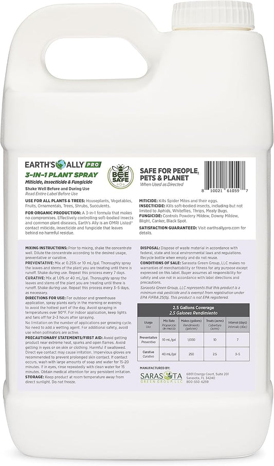 Earth's Ally Pro 3-in-1 Plant Spray 2.5 gal Super Concentrate | Insecticide, Fungicide & Spider Mite Control, Use on Indoor Houseplants and Outdoor Plants, Gardens & Trees - Insect & Pest Repellent