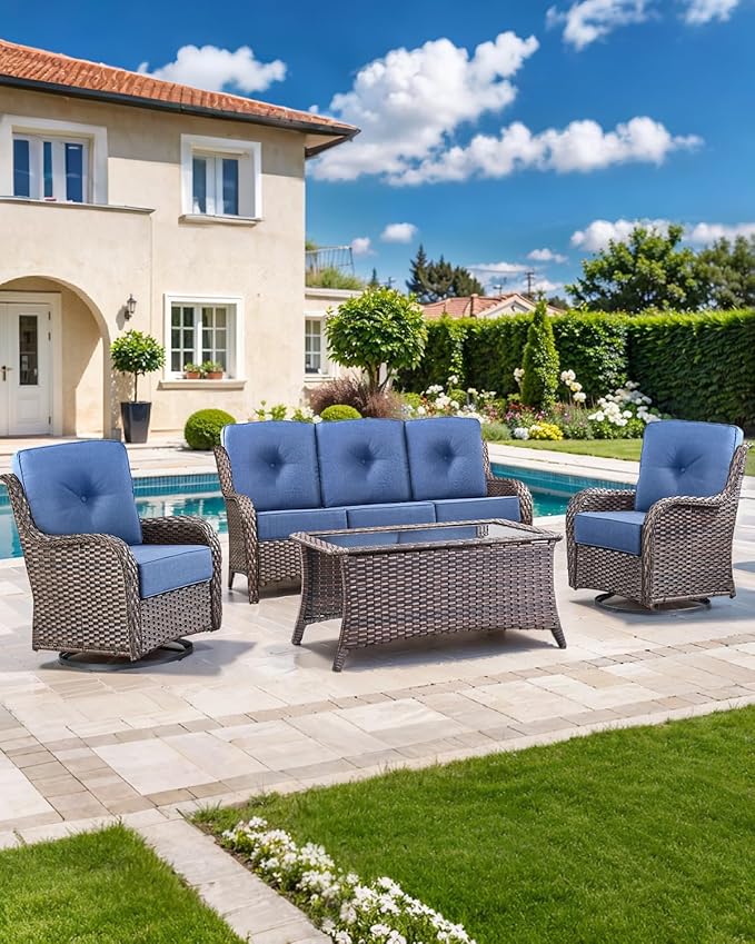 Luxury 22x24/22x25 6-Inch Outdoor Cushions for 5 Peice Patio Set - Set of 5 Outside Deep Seat Cushion for Porch Furniture Wicker Rocking Glider Loveseat Couch Sectional Sofa - Navy Blue
