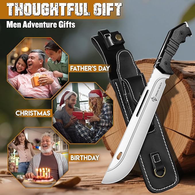 Dream Reach Heavy Duty Machete - Portable Full Tang Outdoor Survival Knife with Sheath Strap for Camping Hiking Gift for Men 9.8 Inches
