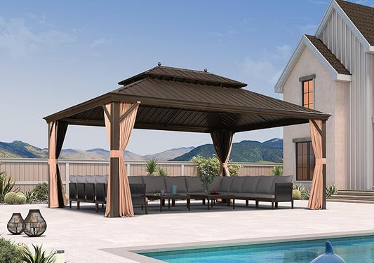 PURPLE LEAF 13' X 17' Outdoor Hardtop Gazebo Patio Wide Aluminum Frame Metal Double Roof with Heavy Duty Netting and Curtains for Permanent Hard Top Pavilion Screen Khaki