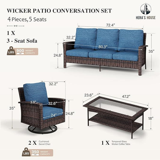 Luxury Patio Furniture Set with 5.5" Thick Cushion, Outdoor Seating Furniture, High Back Swivel Chairs with Tempered Glass Table, Wicker Conversation Sofa Set for Deck Lawn Deck Yard, Blue