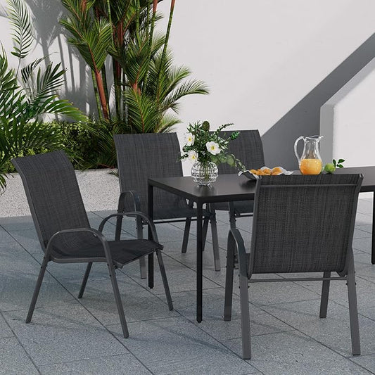 Patio Dining Chairs Set of 4, Stackable Dining Chairs High Back, Breathable Seat Fabric and Alloy Steel Frame Fit Backyard, Porch, Lawn,Poolside (Dark Grey)