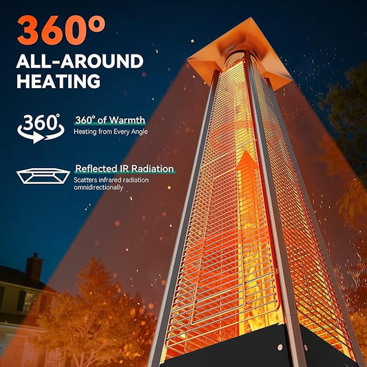 YITAHOME Pyramid Patio Heater with Quartz Flame Tube, 42,000–48,000 BTU Outdoor Propane or Gas Heater with Wheels and Cover, and Auto Shut-Off Protection for Backyards, Gardens, Bars, Black