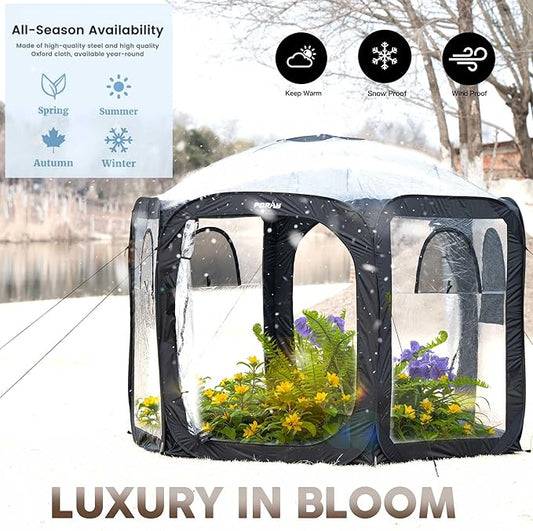 Porayhut Pop Up Greenhouse Tent,Portable Large Walk-in Plant House 10’X10’ ,Indoor Outdoor Gardening Plant Sunshine Room with PVC Mesh Cloth Cover for Protecting Plant from Cold Frost & Birds