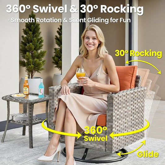 ovios 9 Pieces Patio Furniture Set, Outdoor Wicker Sectional Sofa with 30" Fire Pit Table Swivel Chair, Modern Modular Deep Seat Rattan Couch Conversation Sets, Orange Red