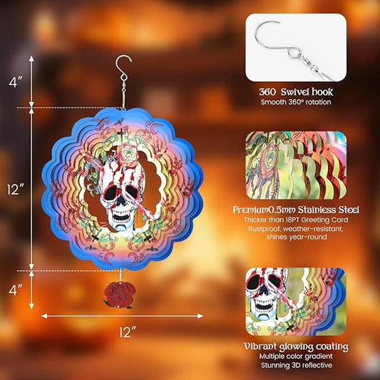Halloween Wind Spinners Outdoor, 3D Skull Butterfly Wind Spinner 14x12 inches, Kinetic, Stainless Steel Metal, Halloween Decorations Outdoor, Yard Decor, Gift