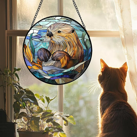 Stained Glass Suncatcher, Blue Ocean Cute Sea Otter Sun Catcher Stain Glass Window Hanging Decoration Mother's Day Birthday Gifts for Women Men Mom Nana 7.8 in