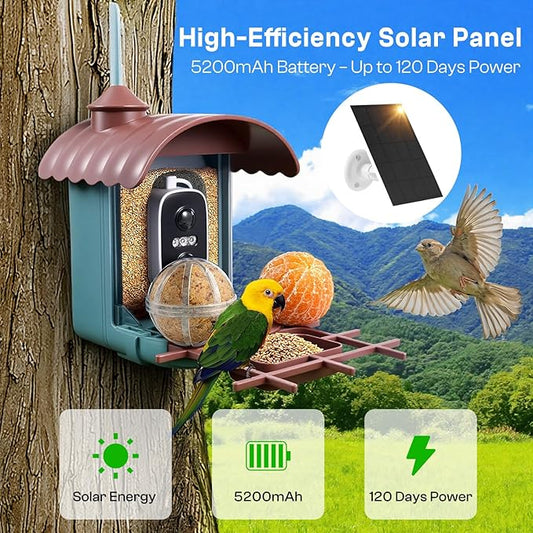 Smart Bird Feeder with Camera – AI Recognition, 130° Wide Angle, Solar & USB Powered, IP65 Waterproof, Motion Detection, Night Vision, Two-Way Audio, Cloud Storage–for Nature Lover (Bird Feeder)