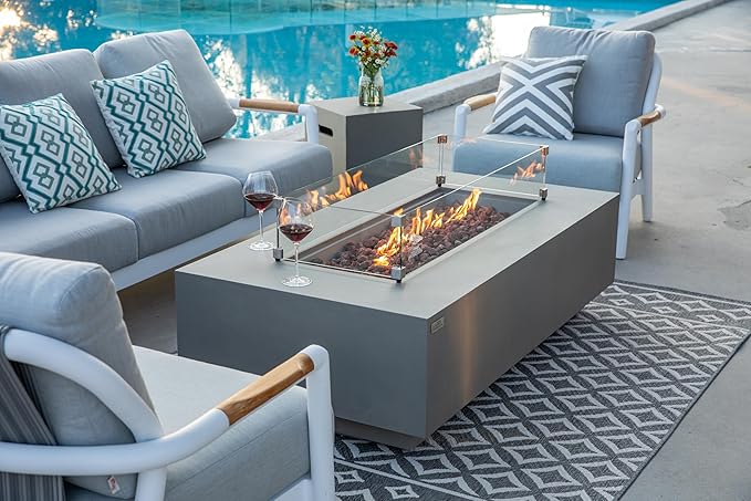 AMS Creations | Madison 60" Bundle Rectangular Propane Gas Outdoor Fire Pit Table | Light Gray Concrete GFRC | Smooth Texture or Surface | Electronic Ignition | Outside Backyard Fireplace