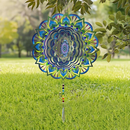 Mandala Wind Spinners Outdoor with Gazing Ball Spiral Tail, Marzovitra Stainless Steel 3D Kinetic 10 Inch Garden Decor for Patio, Home or Yard Decorations Outdoor Hanging Yard Art Metal Wind Sculpture