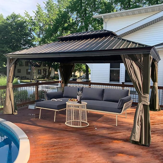 Domi 12'x16' Hardtop Gazebo with Gutters, Outdoor Aluminum Frame Canopy with Galvanized Steel Double Roof, Outdoor Permanent Metal Pavilion with Curtains and Netting
