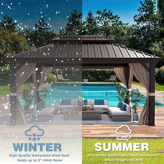 MELLCOM 12'x16' Hardtop Gazebo, Galvanized Steel Metal Double Roof Canopy with Curtains and Netting, Brown Permanent Pavilion Gazebos with Aluminum Frame for Patio, Lawn & Garden