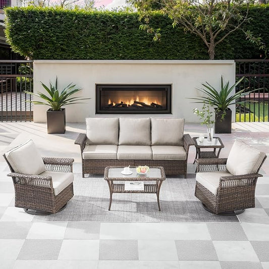 5 Pieces Wicker Patio Furniture Set - Hollow Widen Armrests Outdoor Swivel Glider Chairs and 3 Seat Sofa with Coffee Table & Side Table for Balcony Porch Deck and Yard - Brown/Beige