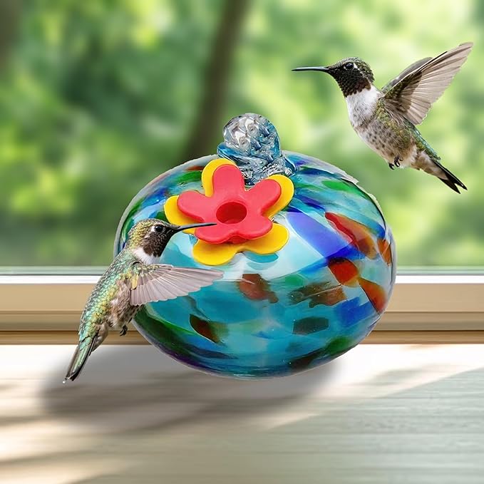 Decorative Glass Wind Chime Type Hummingbird Feeder Hanging Type, Blue with red Floral Design, 6 Hanging Spheres, ant Proof and Sealed, Perfect for Outdoor Garden Decoration.