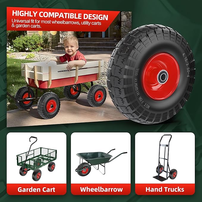 4.10/3.50-4 Tire and Wheel Flat Free,10-Inch Solid Wheel Replacement with 5/8 Bearings,2.2" Offset Hub -Compatible with Hand Truck,Wheelbarrow,Dolly(Red)