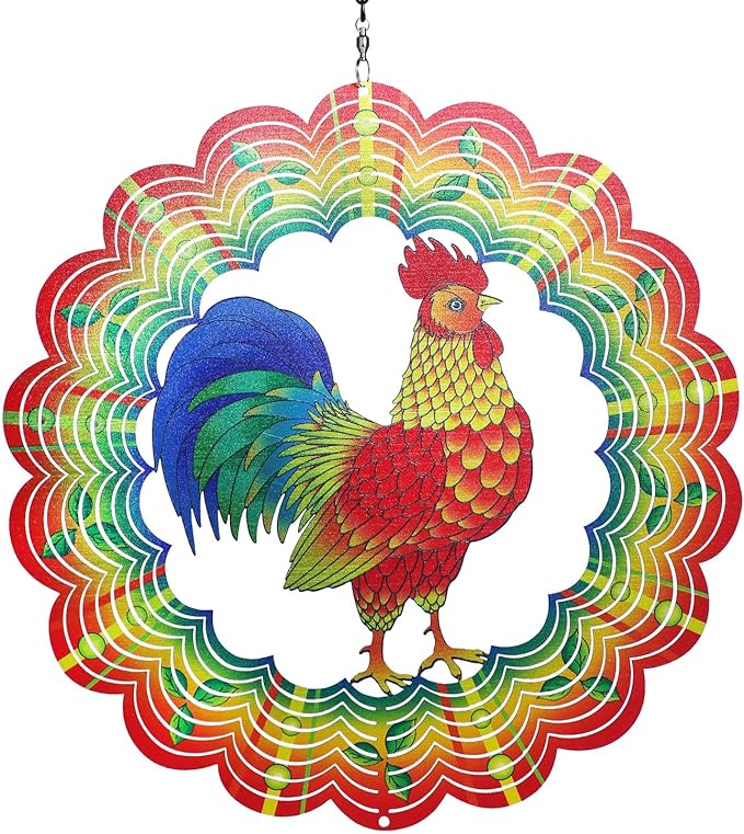 Chicken Wind Spinners Chicken Gifts for Women/Men 12 inch 3D Stainless Steel Hanging Wind Spinner Metal Wind Catchers Kinetic Sculpture for Indoor/Outdoor Decor, Yard Art, Garden Decorations