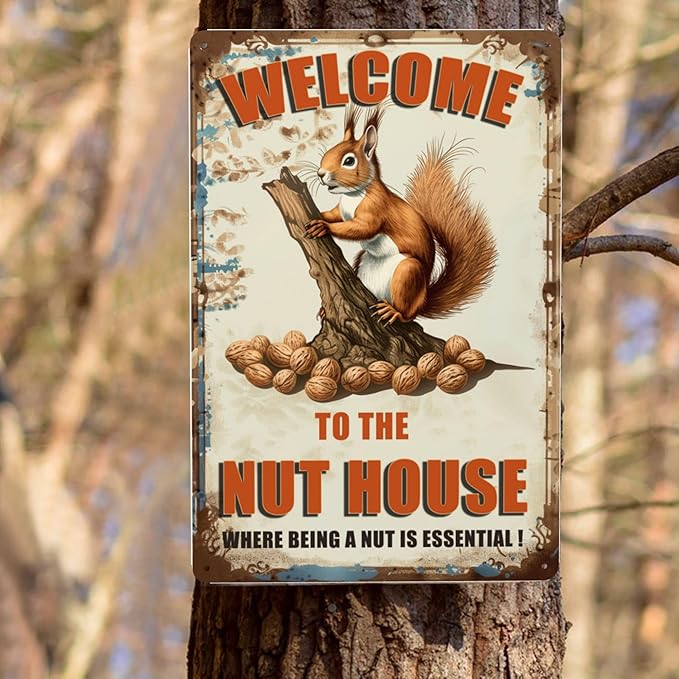 Funny Squirrels Signs Welcome To The Nut House Squirrels Stuff For Indoor Outdoor Decor 12x8 Inches (Orange)