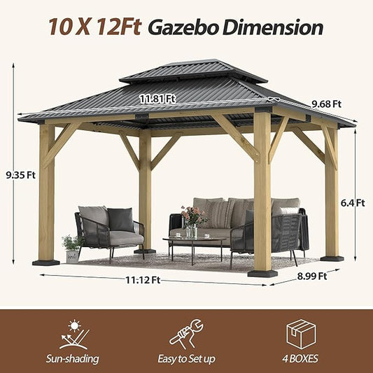 10 x 12 FT Wood Gazebo,Outdoor Wooden Hardtop Gazebo with Galvanized Steel Doule Roof,Cedar Wood Frame Gazebos for Patio Backyard Deck