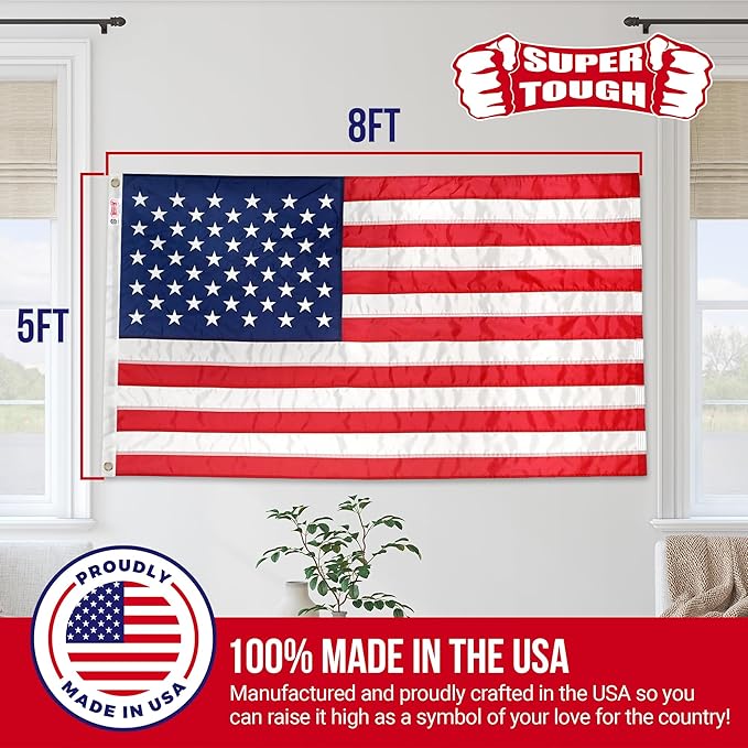 Super Tough 5Ft x 8Ft American Flag - Double Sided, Heavy Duty Nylon USA Flag with Embroidered Stars and Sewn Stripes Suitable for Outdoors - Red/White/Blue