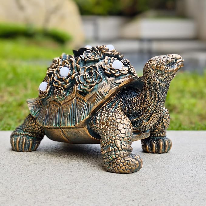 Outdoor Solar Turtle Decor - Resin Succulent Planter with Waterproof LED Shell, Unique Garden Gift for Plant Lovers for Patio, Balcony, Yard Ornament