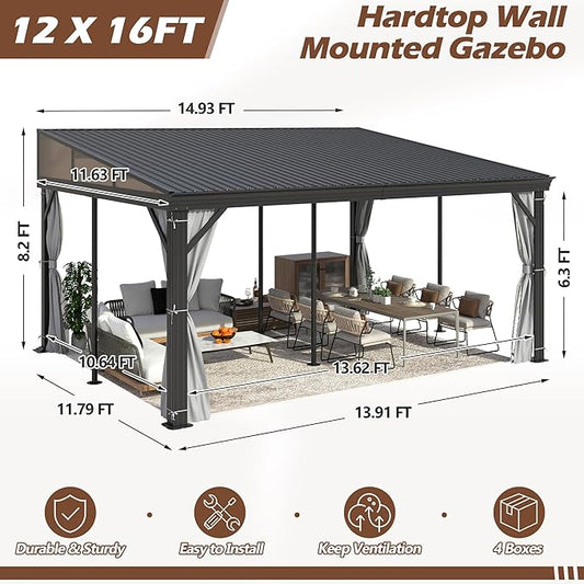 12' x 16' Hardtop Wall Mounted Gazebo, Lean to Gazebo with Galvanized Steel Roof Aluminum Frame Wall Gazebos Pergola with Netting&Curtains for Outdoor, Backyard, Patio