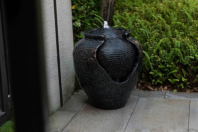 17.7 in. Glazed Pot Water Fountain with LED Light, Provide Indoor and Outdoor Water Features for Gardens、Backyard、Living Rooms、 Offices (Bronze Blue)