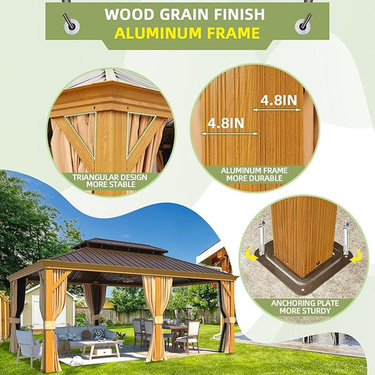 EROMMY 12'x18' Hardtop Gazebo, Galvanized Steel Double Roof with Wood Grain Aluminum Frame, Outdoor Permanent Metal Pavilion with Curtains and Nettings for Patio, Backyard and Deck